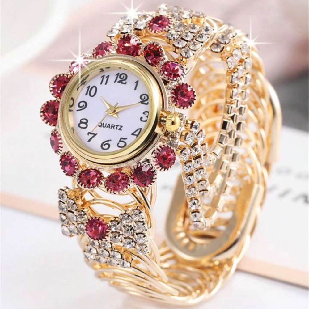 💎💖💎 LADIES PINK & CLEAR CRYSTAL RHINESTONE WATCH ON GOLD TONE CIRCULAR CUFF❗️